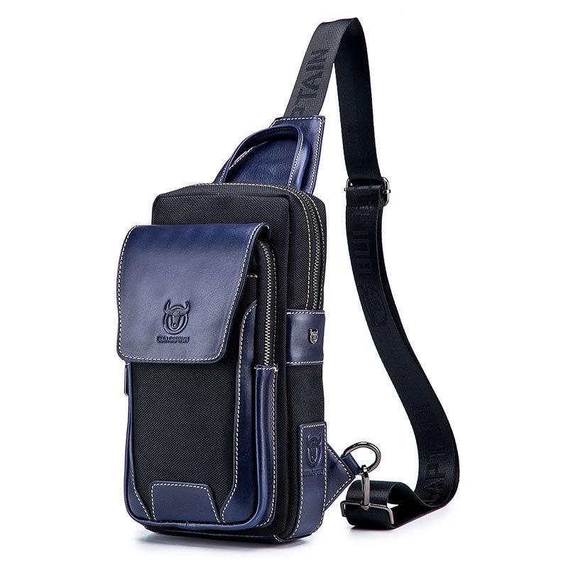 Blue Black Leather Men Chest Bag Casual Shoulder Bag
