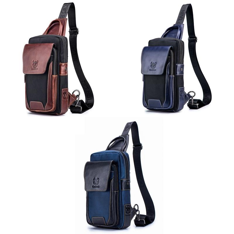 Blue Black Leather Men Chest Bag Casual Shoulder Bag