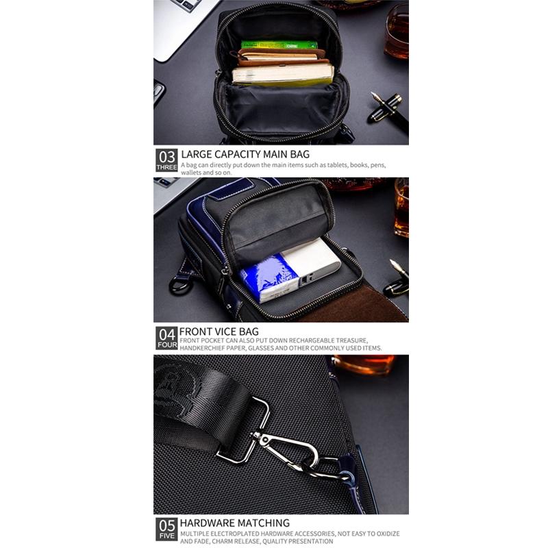 Blue Black Leather Men Chest Bag Casual Shoulder Bag