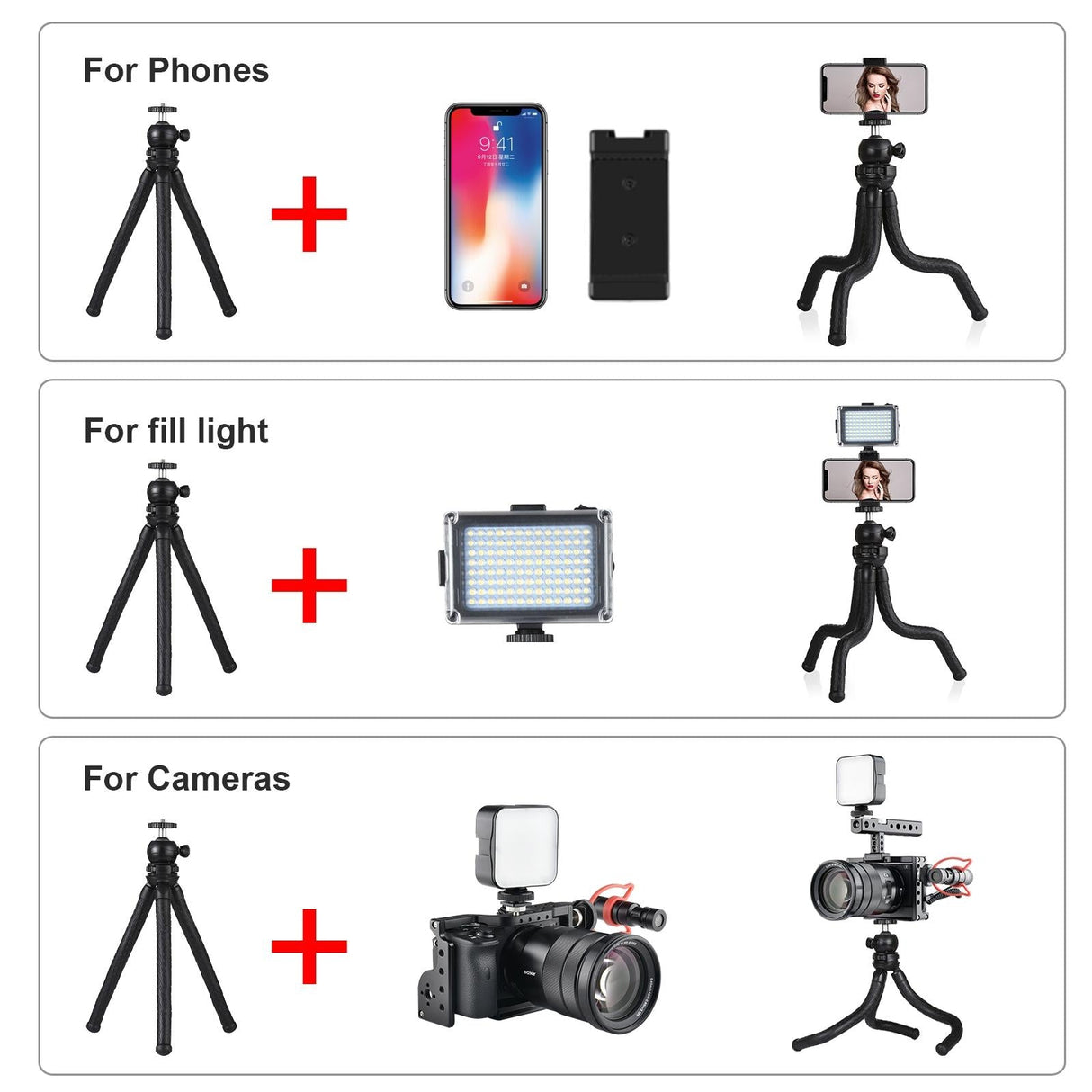 Flexible Mini Octopus Tripod with Ball Head and Phone Clamp for Slr Cameras Gopro and Cellphones