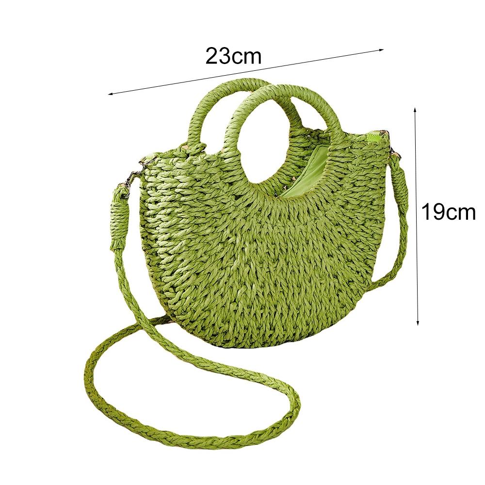 Beige Half Moon Straw Tote Woven Beach Bag - Rose Red