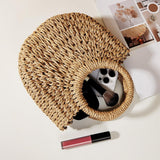 Beige Half Moon Straw Tote Woven Beach Bag - Rose Red