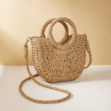 Beige Half Moon Straw Tote Woven Beach Bag - Rose Red