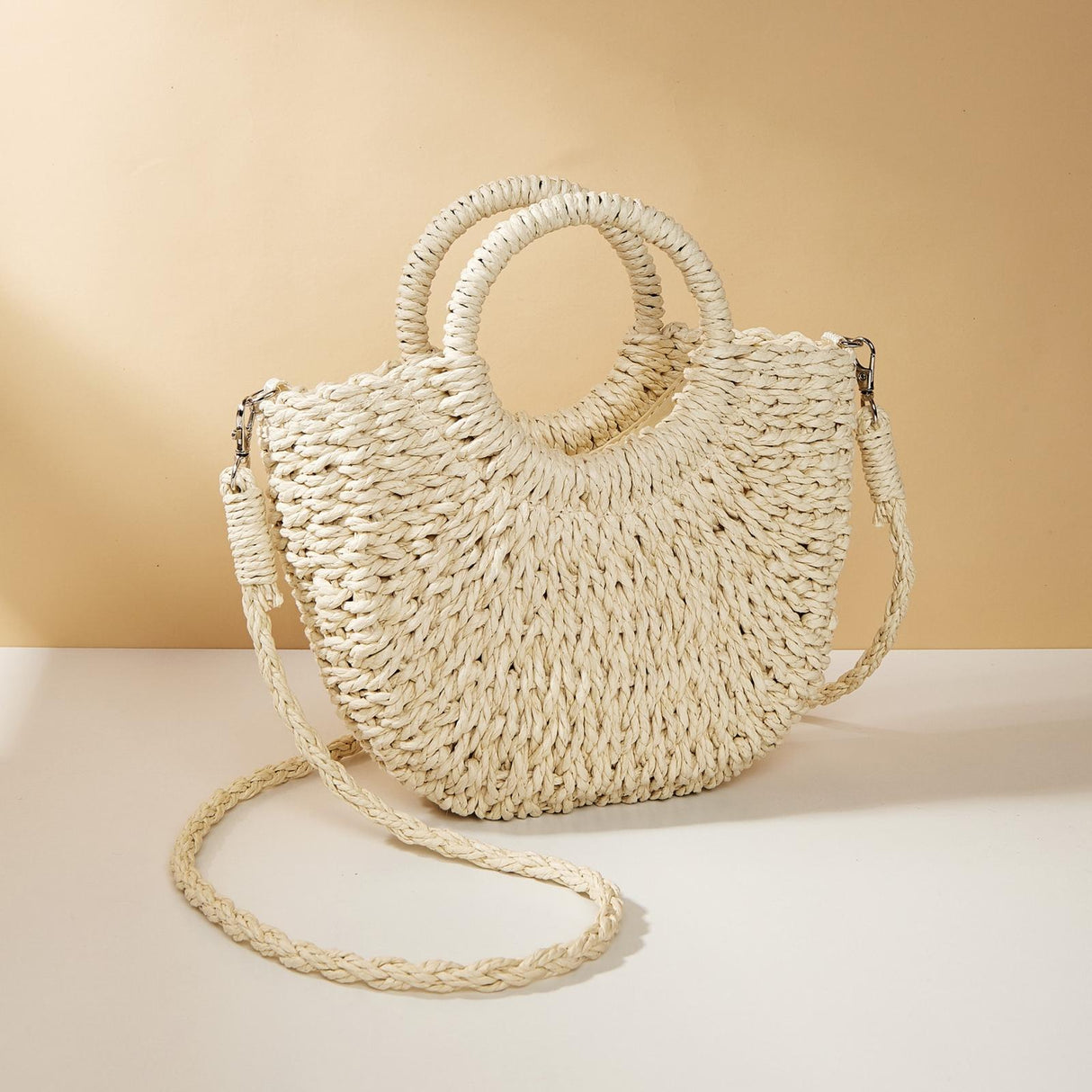 Beige Half Moon Straw Tote Woven Beach Bag - Rose Red