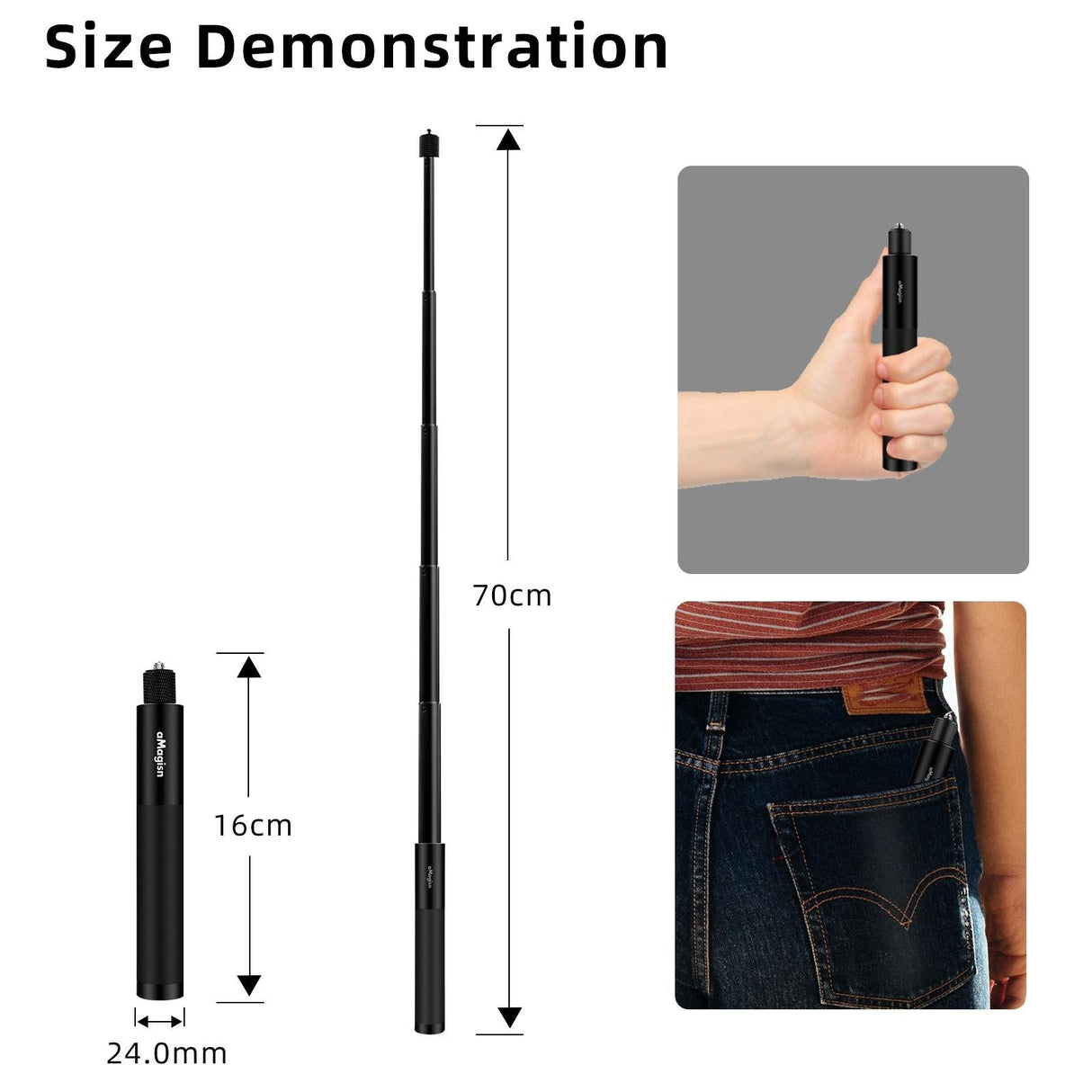 70cm Straight Pull Selfie Stick for Sports Cameras with 3 Jaw Screw - Rod+1/4 Turn 3 Jaw+Screw+Phone Clip