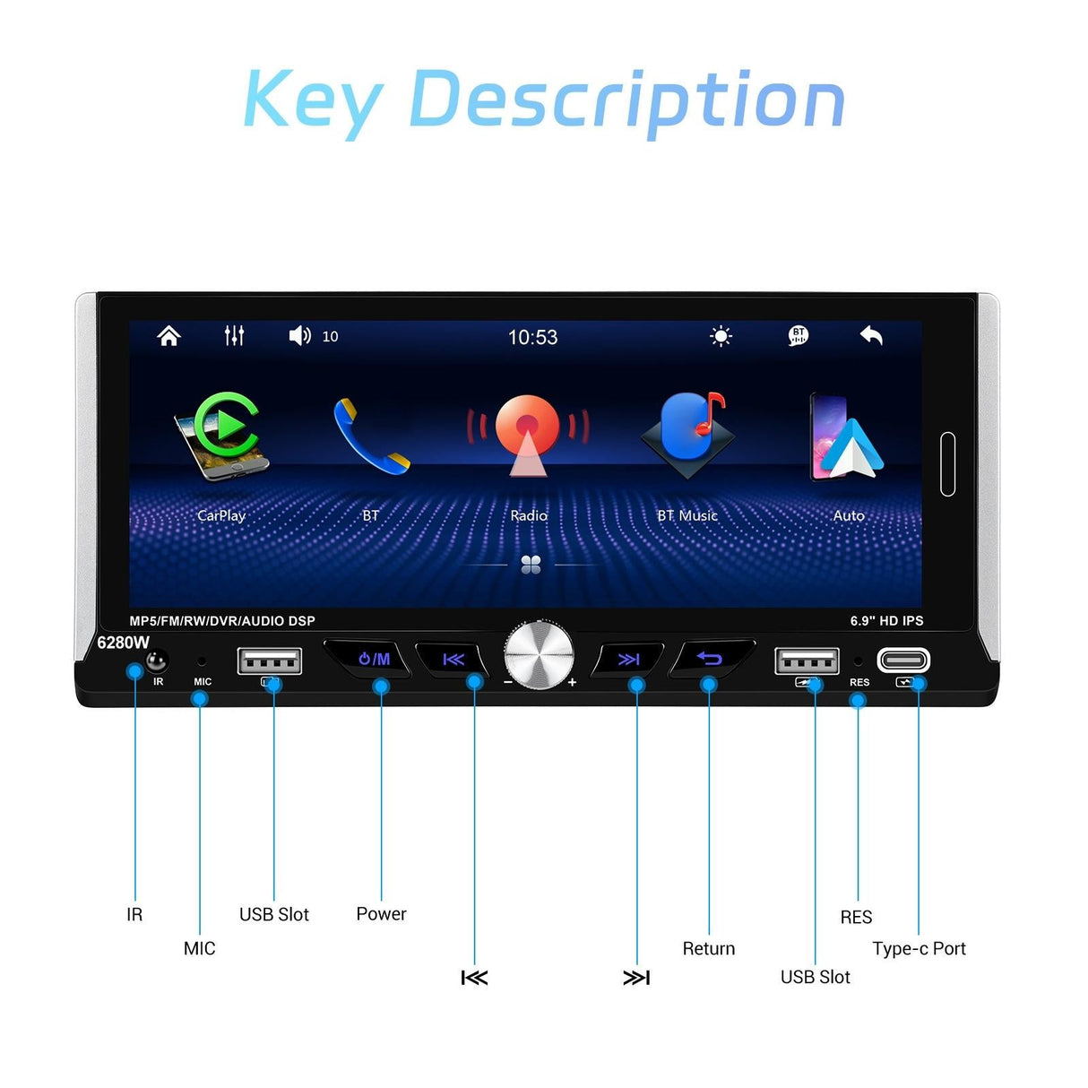 6.9 Inch Car Mp5 Player With Carplay Function & Backup Camera - Standard + Ahd Camera
