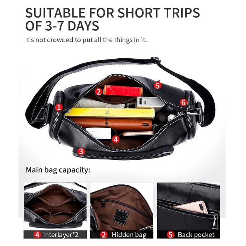 Black Cowhide Messenger Bag For Men Single Shoulder Sports Bag