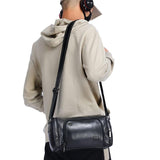 Black Cowhide Messenger Bag For Men Single Shoulder Sports Bag - Low Angle