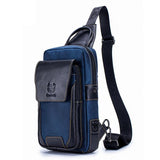 Leather Men Chest Bag Casual Shoulder Bag Black / Blue - Front View