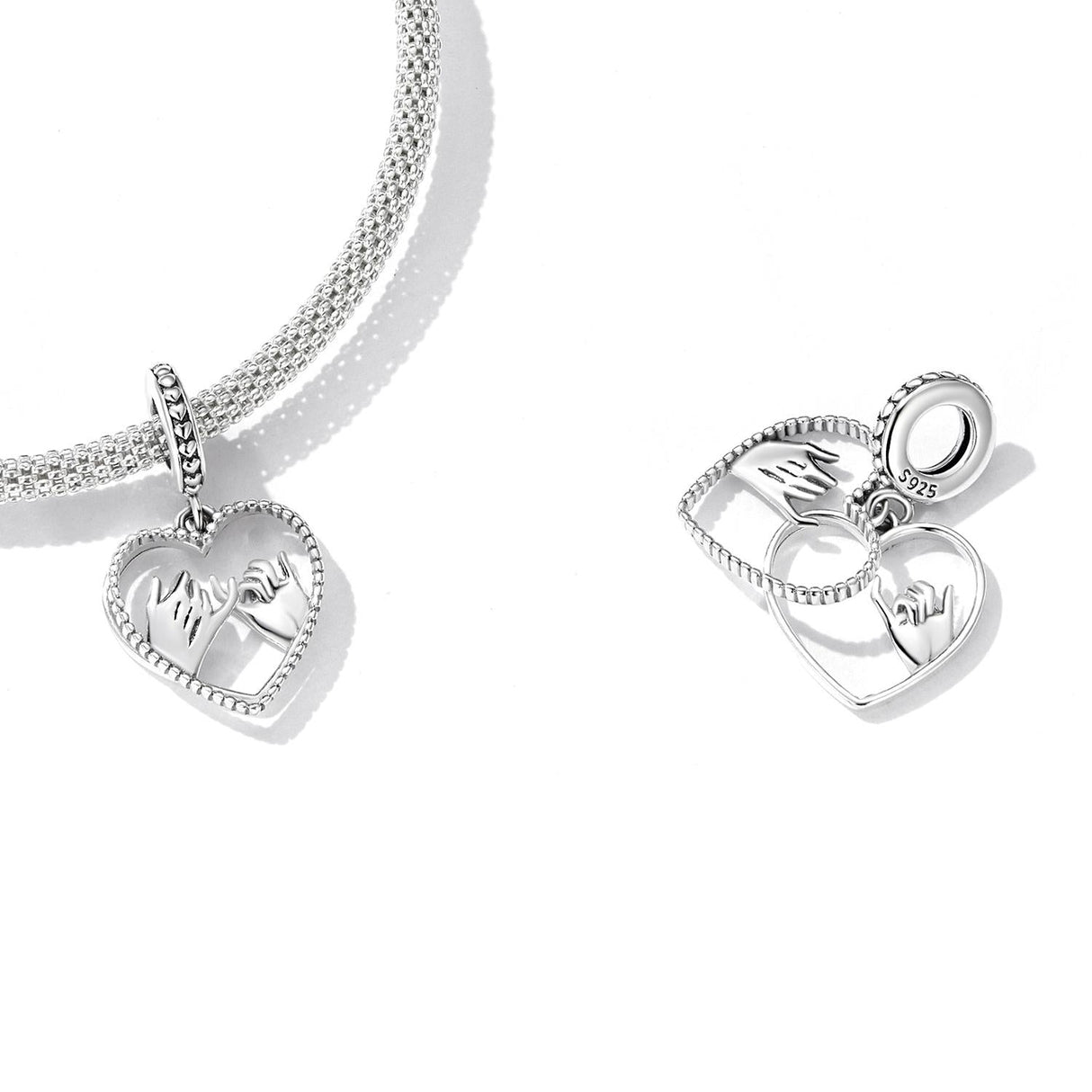 925 Sterling Silver Hand In Hand Heart Pendant For Diy Bracelets & Necklaces