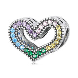 925 Sterling Silver Rainbow Heart Beads For Diy Bracelets & Necklaces - Front View