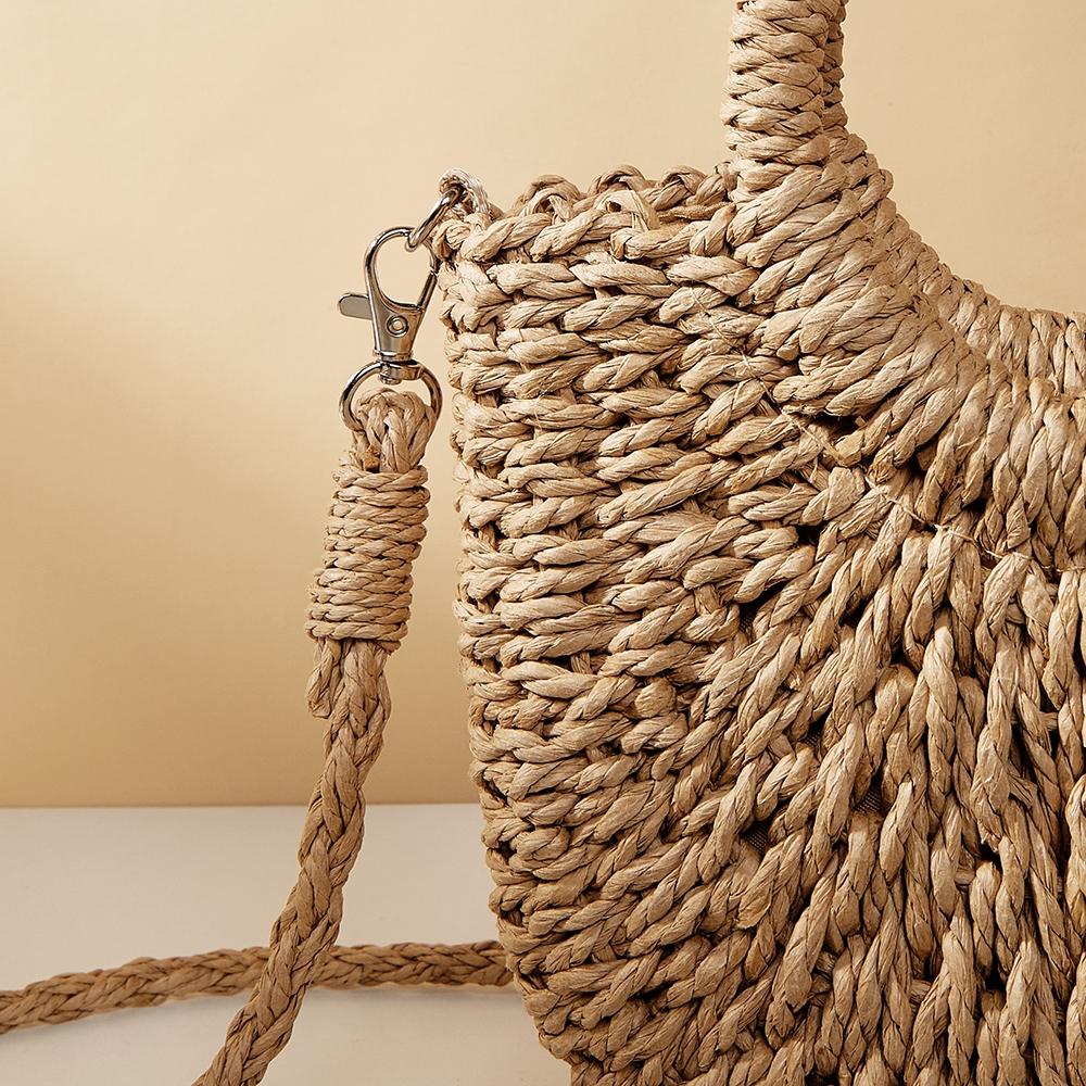 Beige Half Moon Straw Tote Woven Beach Bag - Orange Red