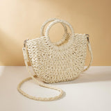 Beige Half Moon Straw Tote Woven Beach Bag - Orange Red