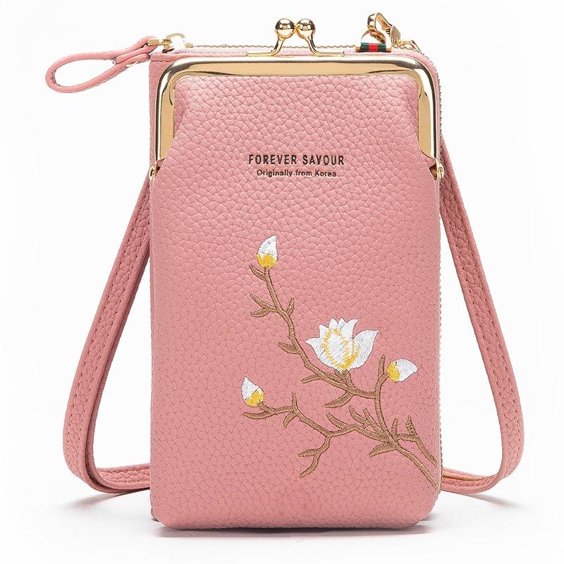 Black Embroidered Single Shoulder Phone Bag Wallet - Dark Pink