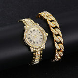 Gold Steel Strap Quartz Watch with Full Diamond Roman Numerals & Bracelet - Front View