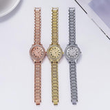 Gold Steel Strap Quartz Watch with Full Diamond Roman Numerals & Bracelet - Top-Down View