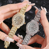 Gold Steel Strap Quartz Watch with Full Diamond Roman Numerals & Bracelet - 45-Degree Angle