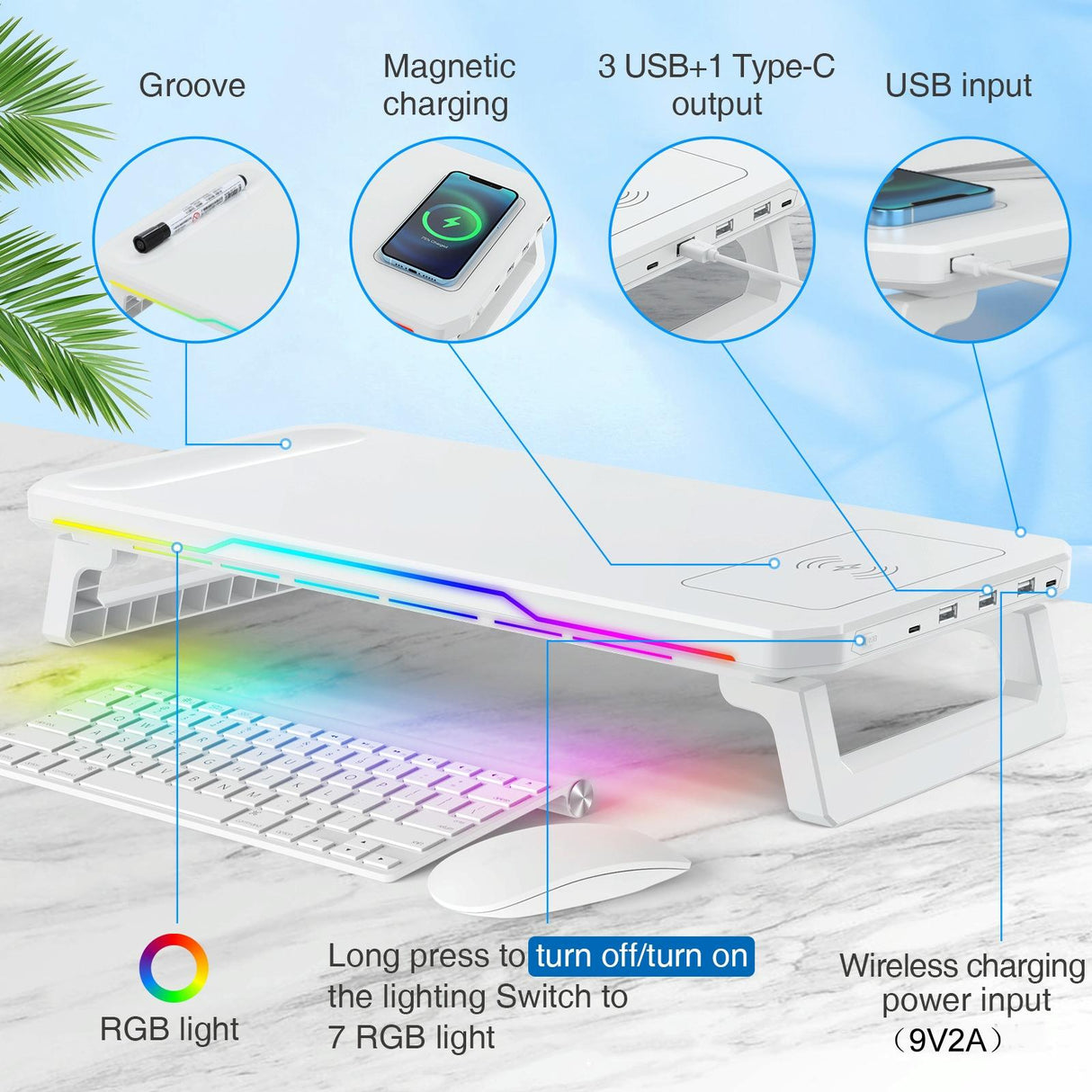 Usb Monitor Stand Riser with Type-c Ports - Wireless Charging White