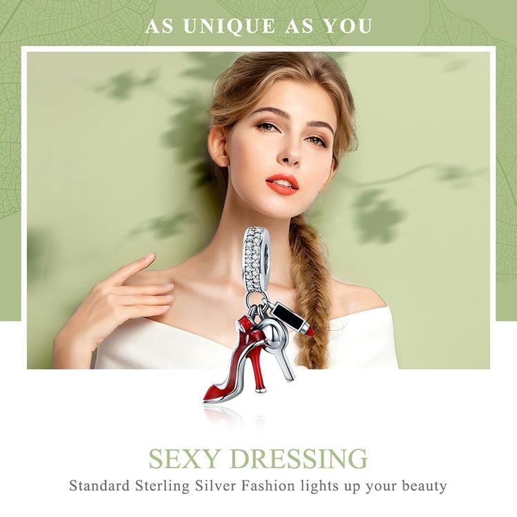 925 Sterling Silver Red Lipstick High Heels Makeup Mirror Charm