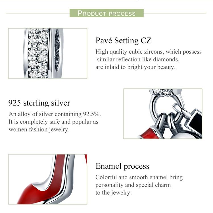 925 Sterling Silver Red Lipstick High Heels Makeup Mirror Charm