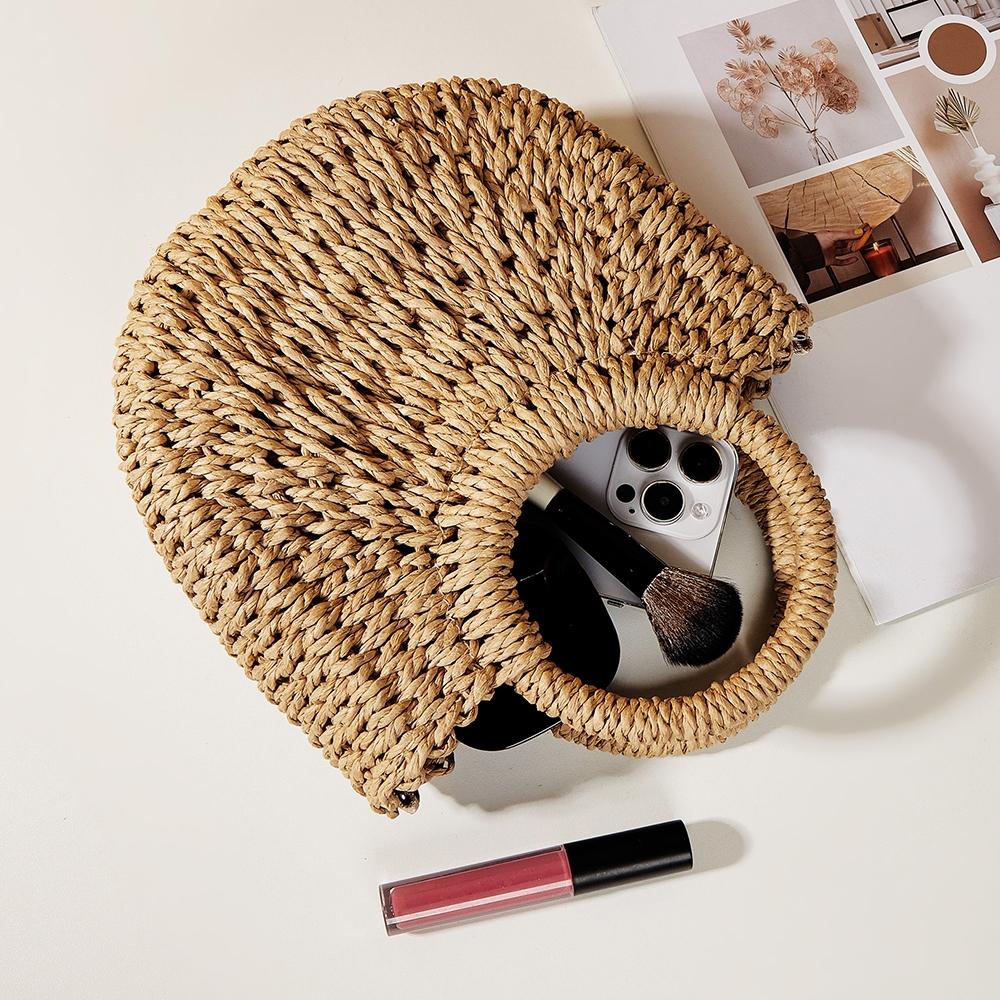 Beige Half Moon Straw Tote Woven Beach Bag - Pink