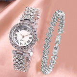 Silver Roman Diamond Quartz Watch with Bracelet - Women - Front View