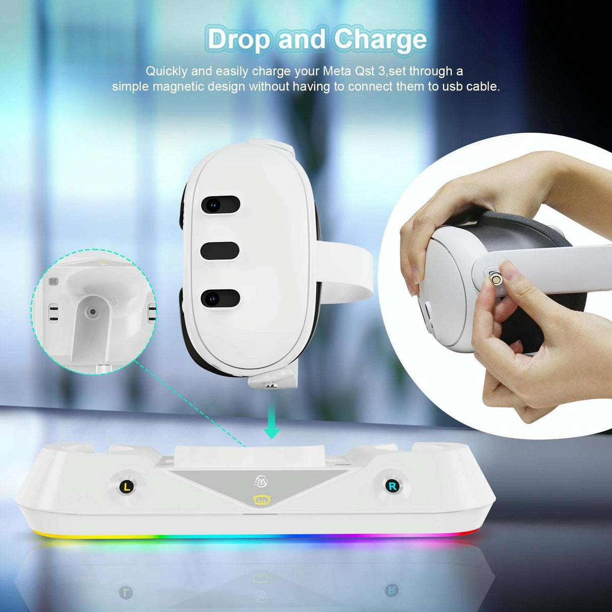 Vr Game Seat Charging Set with Magnetic Suction Base for Meta Quest 3 Glasses and Handle