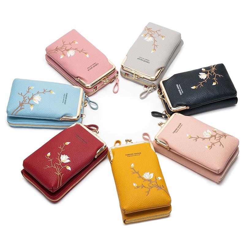 Black Embroidered Single Shoulder Phone Bag Wallet - Pink