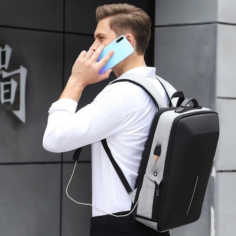 Anti-theft Hard Shell Backpack for Men with Alloy Frame - Gray
