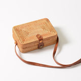 Handmade Square Rattan Bag Autumn Beach Diagonal Purse Vintage Style 19X13X7Cm - Top-Down View