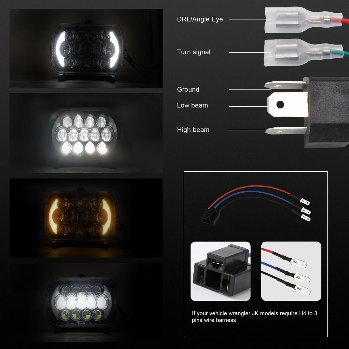 7 Inch 5X7 / 7X6 H4 Dc 9V - 30V 30000Lm 300W 8Leds Car Square Shape Led Headlight Lamps For Jeep Wrangler