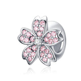 925 Sterling Silver Platinum Plated Pink Flower Beads For Diy Bracelets - Front View