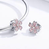 925 Sterling Silver Platinum Plated Pink Flower Beads For Diy Bracelets - Close-Up Angle
