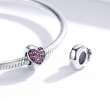 925 Sterling Silver Love Heart Pink Zircon Bracelet / Necklace Charm - Close-Up Angle