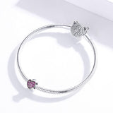 925 Sterling Silver Love Heart Pink Zircon Bracelet / Necklace Charm - Low Angle