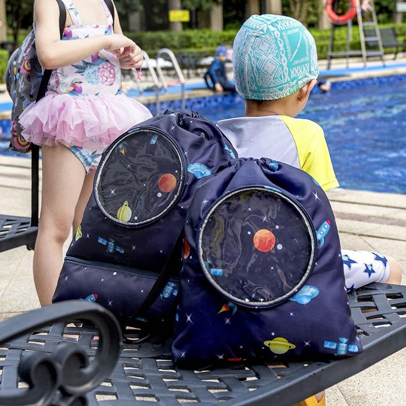 Blue Waterproof Drawstring Beach Bag L Size For Kids Wet & Dry Separation Shoulder Strap - Tibetan S
