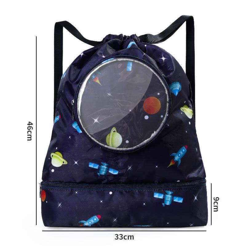 Blue Waterproof Drawstring Beach Bag L Size For Kids Wet & Dry Separation Shoulder Strap - Tibetan S