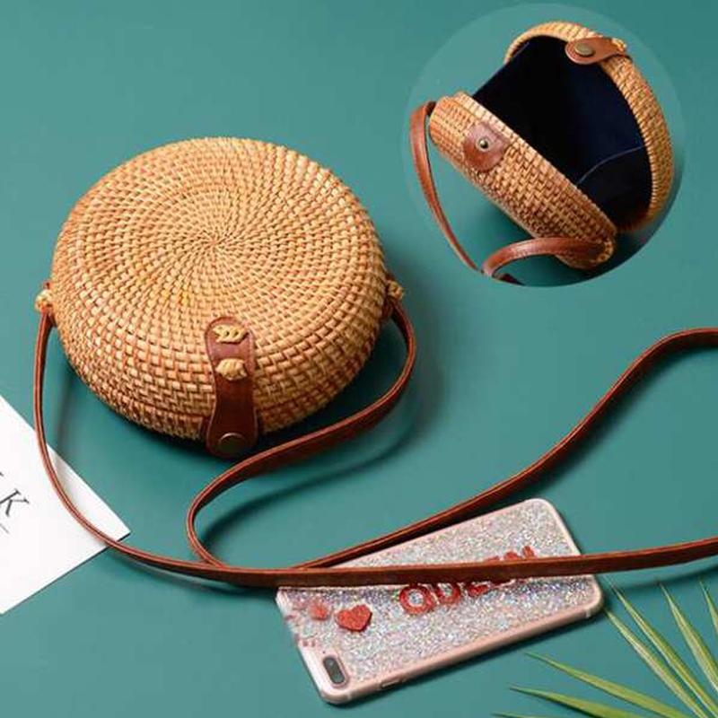Handmade Round Rattan Bag Vintage Art Beach Diagonal Bag 18X18X6Cm