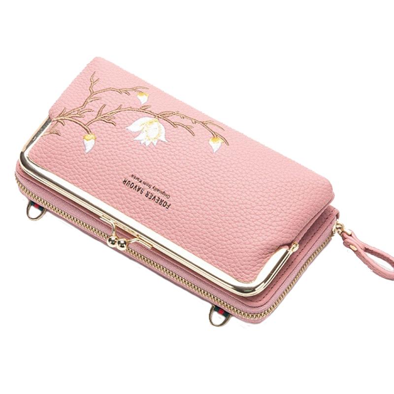 Black Embroidered Crossbody Wallet With Large Capacity - Black