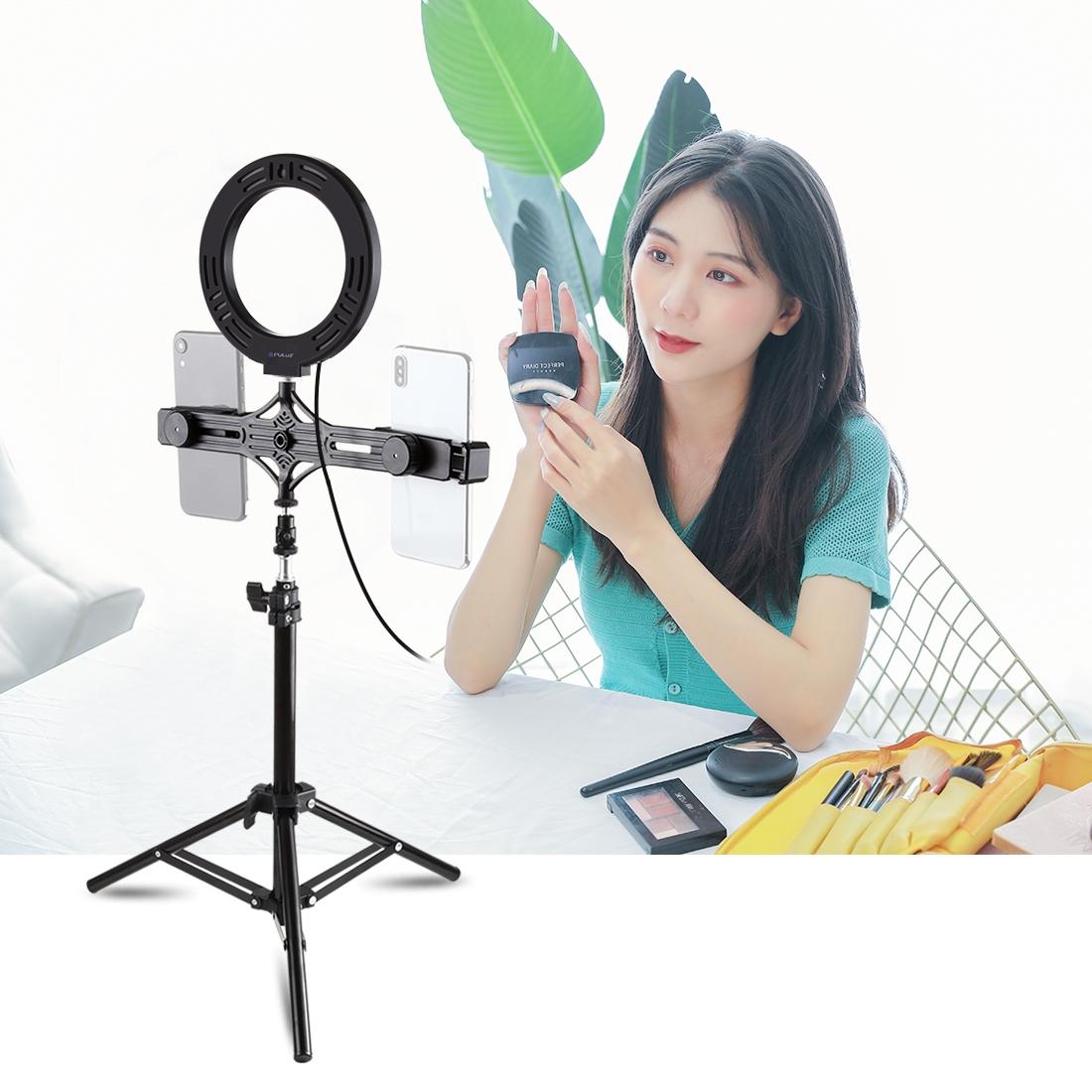 Live Broadcast Dual Phone Bracket with 70cm Tripod & 6.2 Inch 16cm Led Ring Light Kit