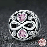 925 Sterling Silver Love Infinity Pink Heart Crystal Charm Bracelet - Top-Down View