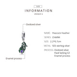 925 Sterling Silver Peacock Feather Pendant For Diy Bracelet Or Necklace - 45-Degree Angle