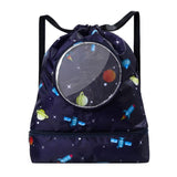 Blue Waterproof Drawstring Beach Bag L Size For Kids Wet & Dry Separation Shoulder Strap - Tibetan L - Front View