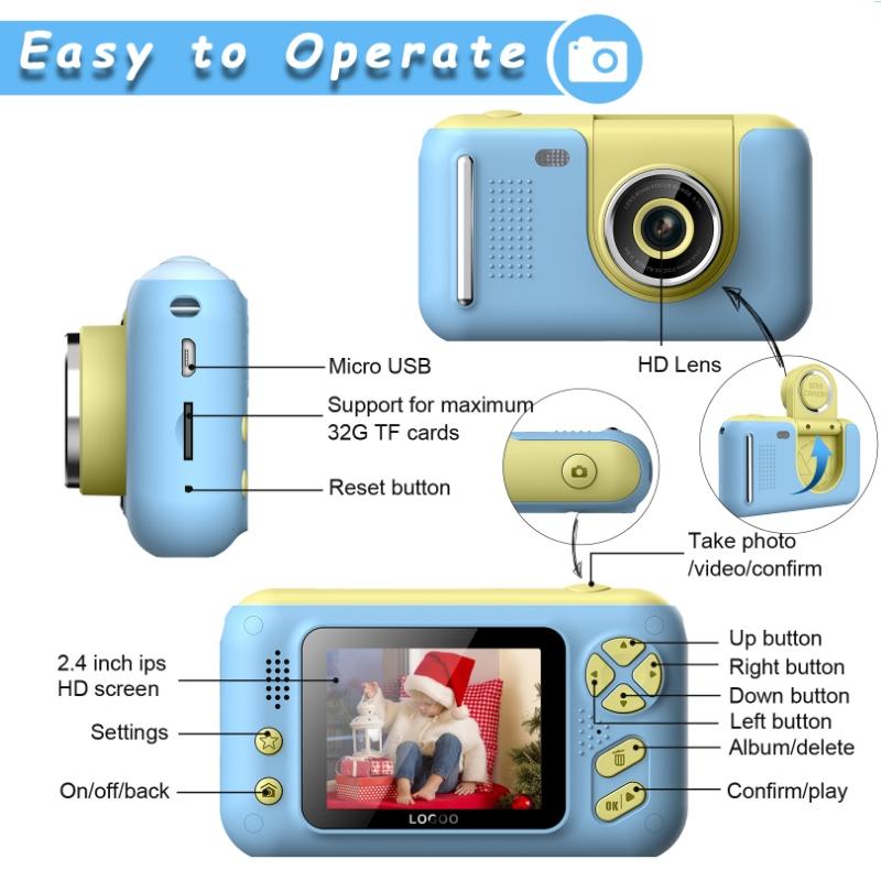 Kids Hd Reversible Camera - 2.4 Inch 8g Memory Card Card Reader - Yellow / Blue
