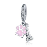 925 Sterling Silver Dog Footprint Diamond Bead Bracelet Charm - Front View