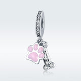 925 Sterling Silver Dog Footprint Diamond Bead Bracelet Charm - Side View