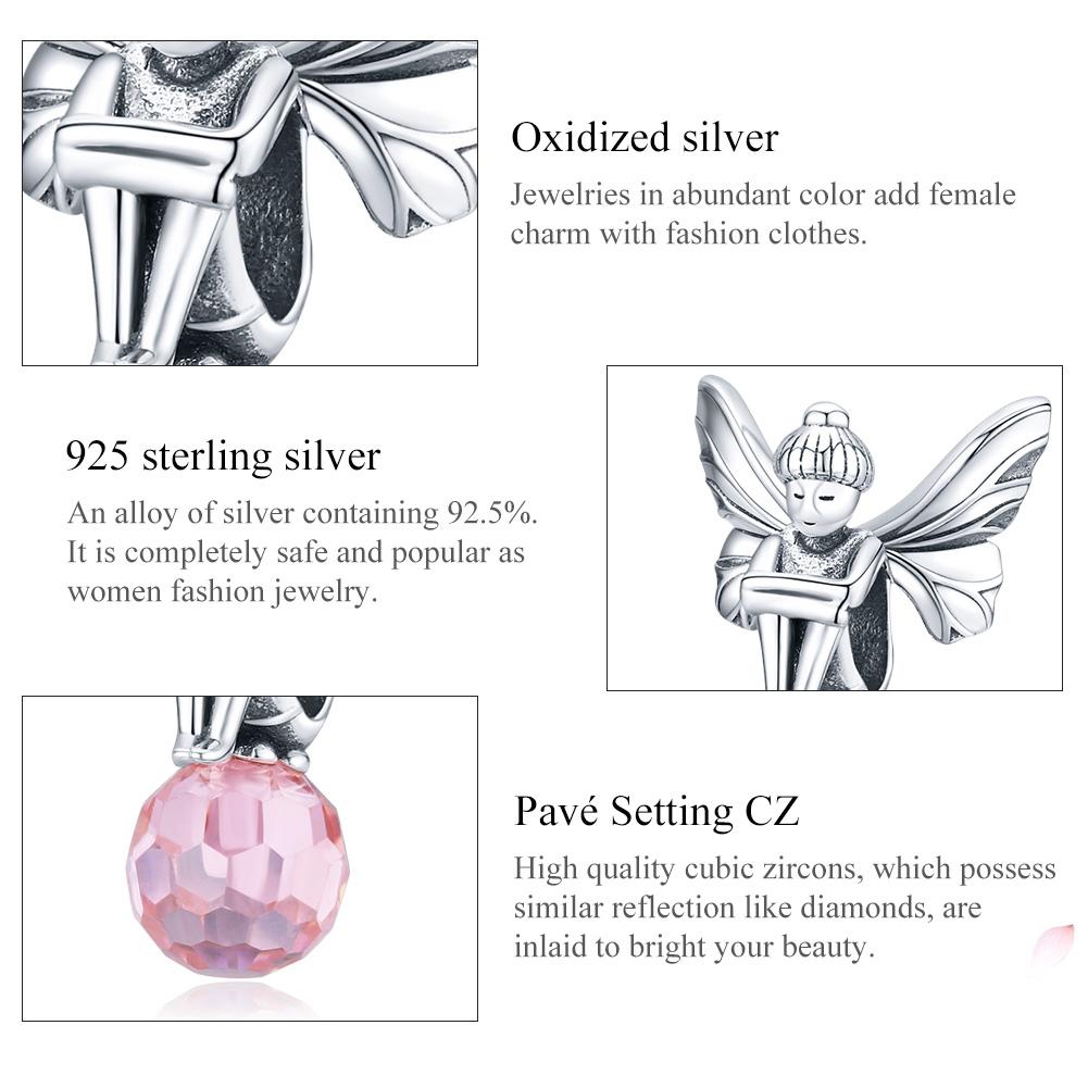 925 Sterling Silver Flower Fairy Beaded Pink Glass Zircon Bracelet Accessories