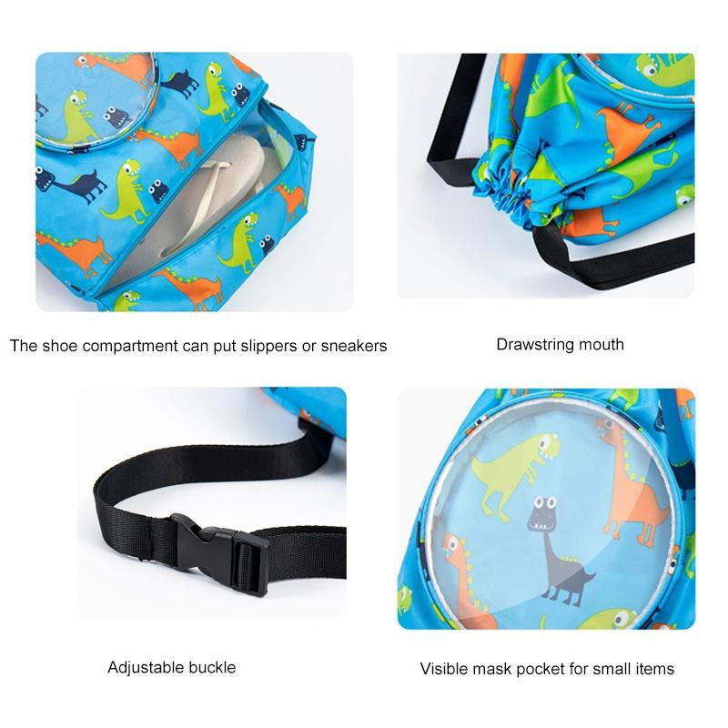 Blue Waterproof Drawstring Beach Bag L Size For Kids Wet & Dry Separation Shoulder Strap - Grey S
