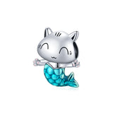 925 Sterling Silver Cat Mermaid Beads For Diy Bracelets & Necklaces - Front View