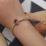 925 Sterling Silver Halloween Skull Bracelet With Rose And Pearl - Close-Up Angle
